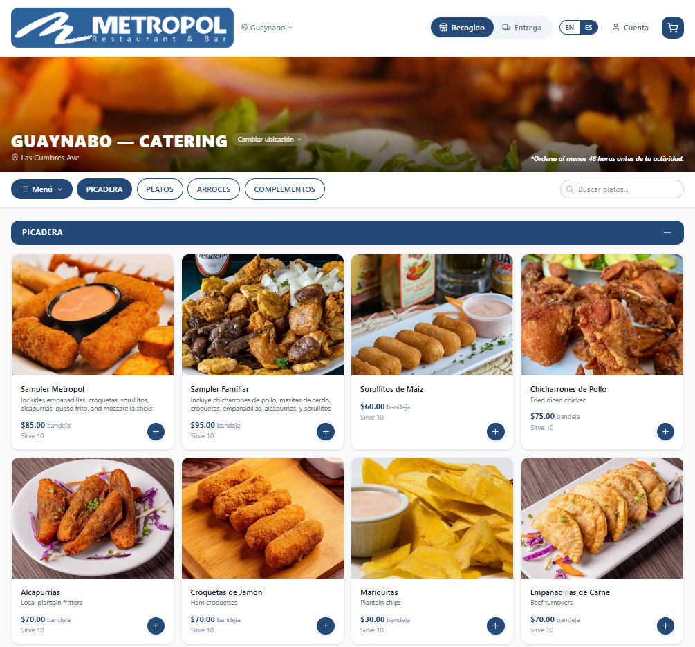 Interfaz real de pedidos de Drop-Off Catering: menú de Metropol con fotos, precios y botón para agregar platos
