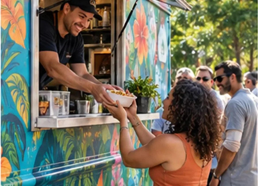 Empleado de un food truck tropical entregando una orden a una cliente